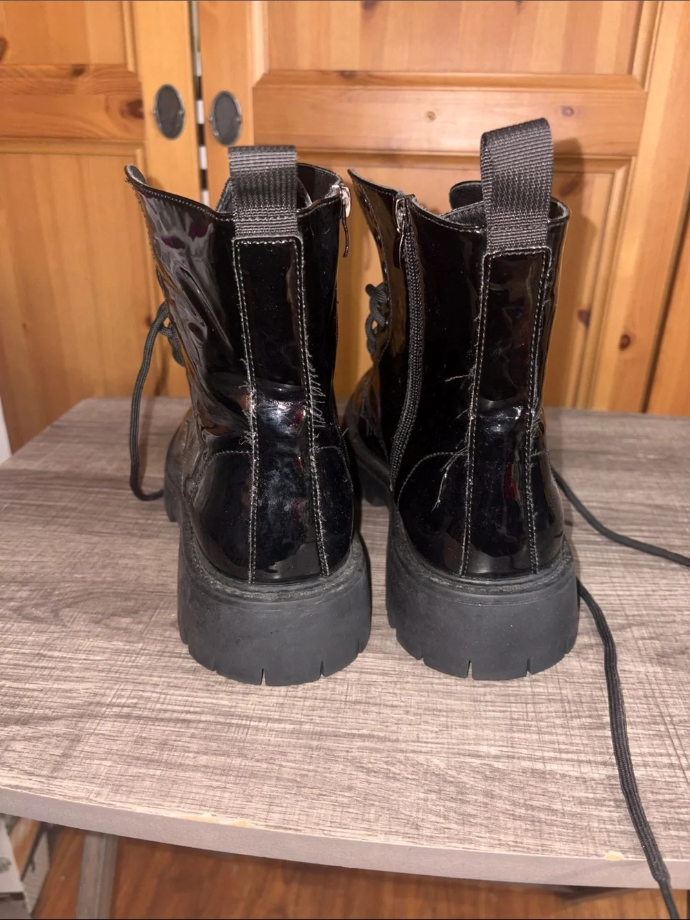 Women's Black Patent Combat Boots - Sleek Platform Lace-Up